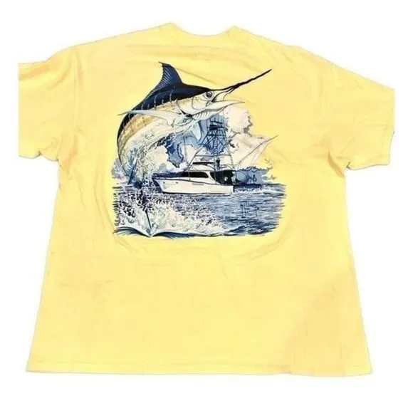 Vintage Guy Harvey Marlin Boat blue-Print Yellow Tee - Picture 1 of 8
